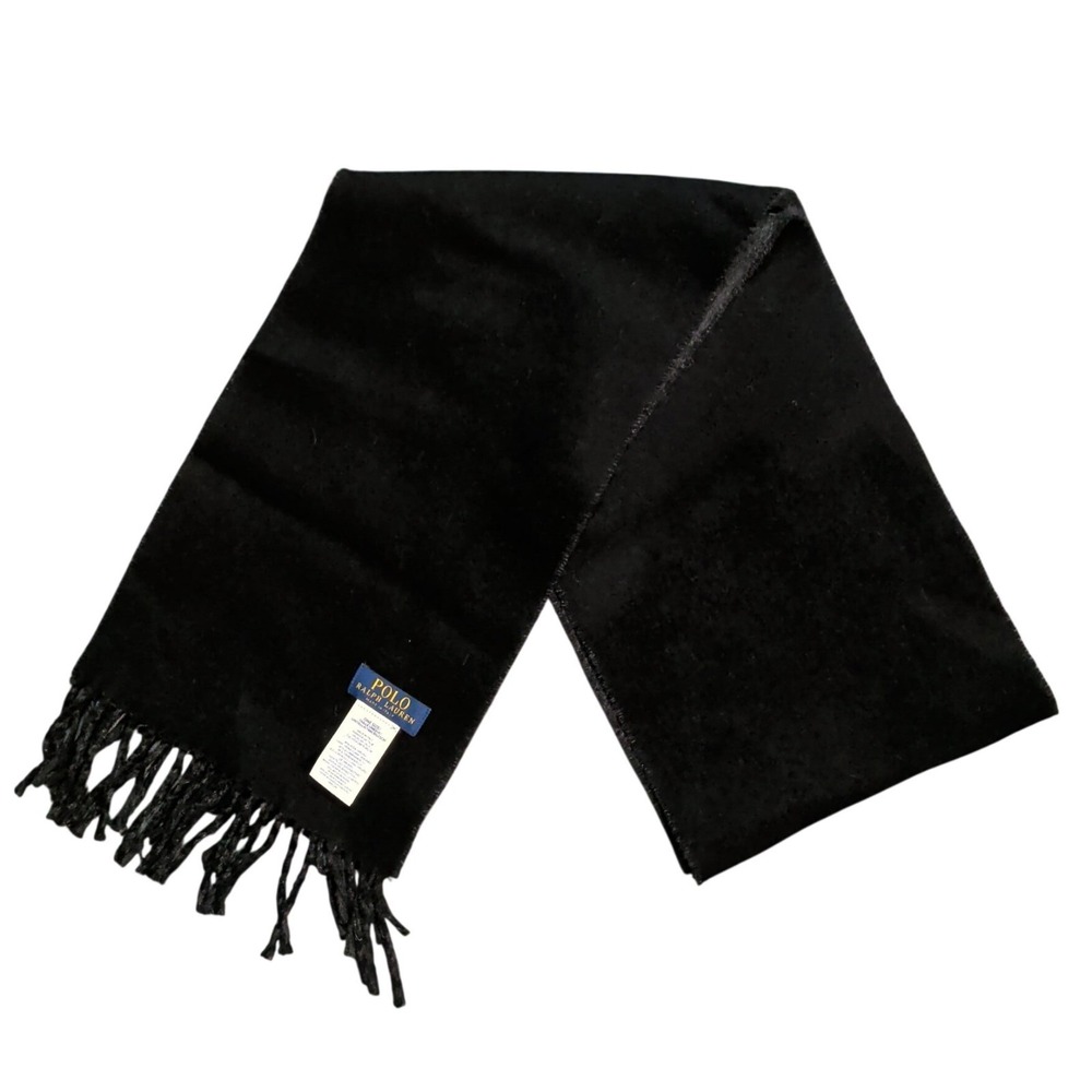 Polo Ralph Lauren Wool Scarf Solid Black Gray Logo Unisex Winter Outdoor Classic